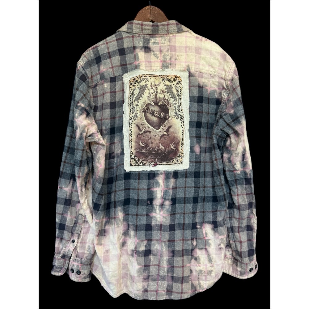 OOAK Sacred Heart Bleached Plaid Flannel Shirt Large Grunge Folk Boho